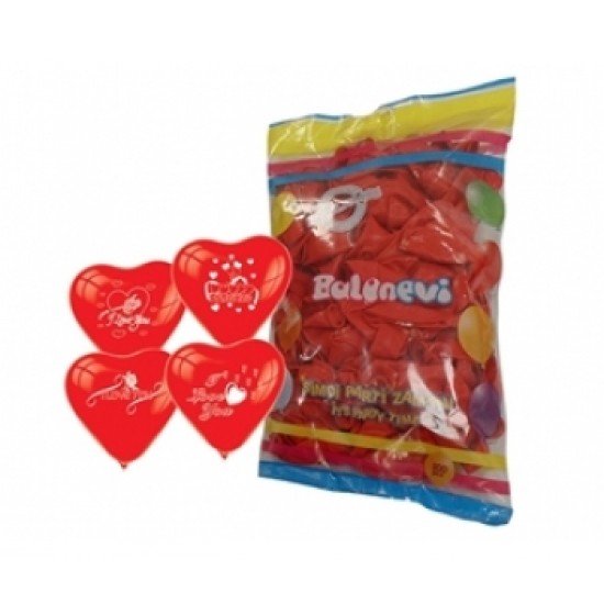 100lü I Love You Çift Yüz Baskılı Kırmızı Kalp Balon