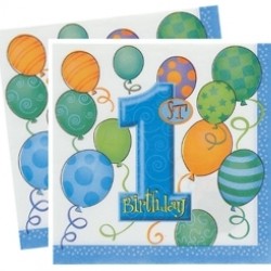 16 Adet 33X33 Santim First Birthday Balloons Blue Kağıt Peçete