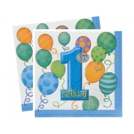 16 Adet 33X33 Santim First Birthday Balloons Blue Kağıt Peçete