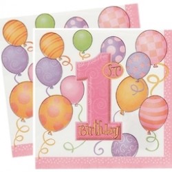 16 Adet 33X33 Santim First Birthday Balloons Pink Kağıt Peçete