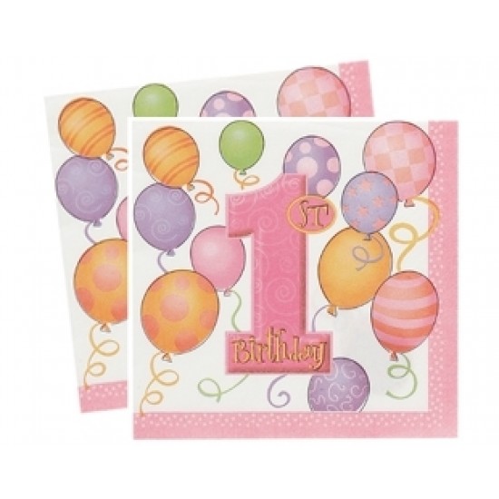 16 Adet 33X33 Santim First Birthday Balloons Pink Kağıt Peçete